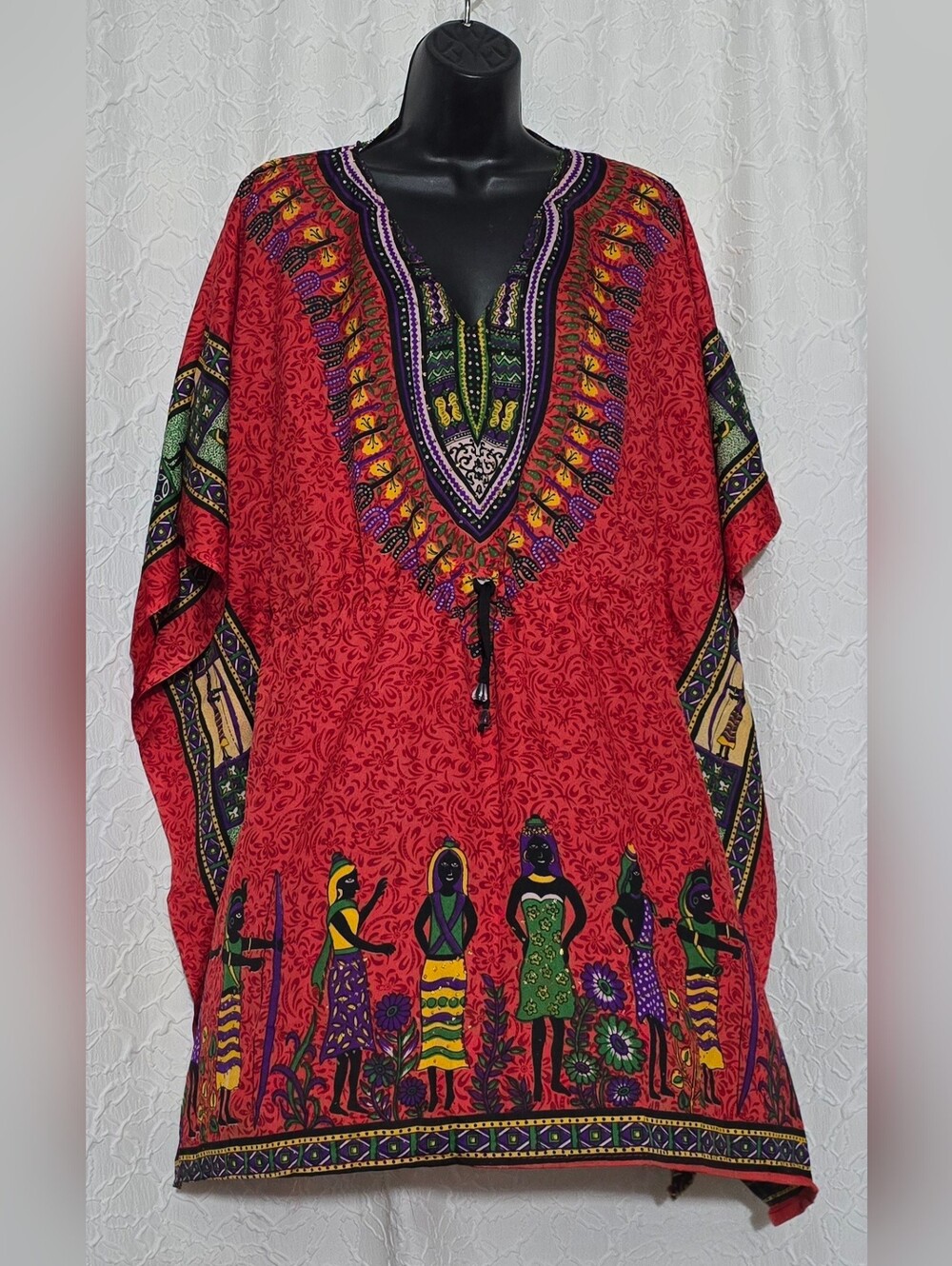 Ace Fashion Red African Lady Print Caftan Dress Cover Up One Size Boho Festival